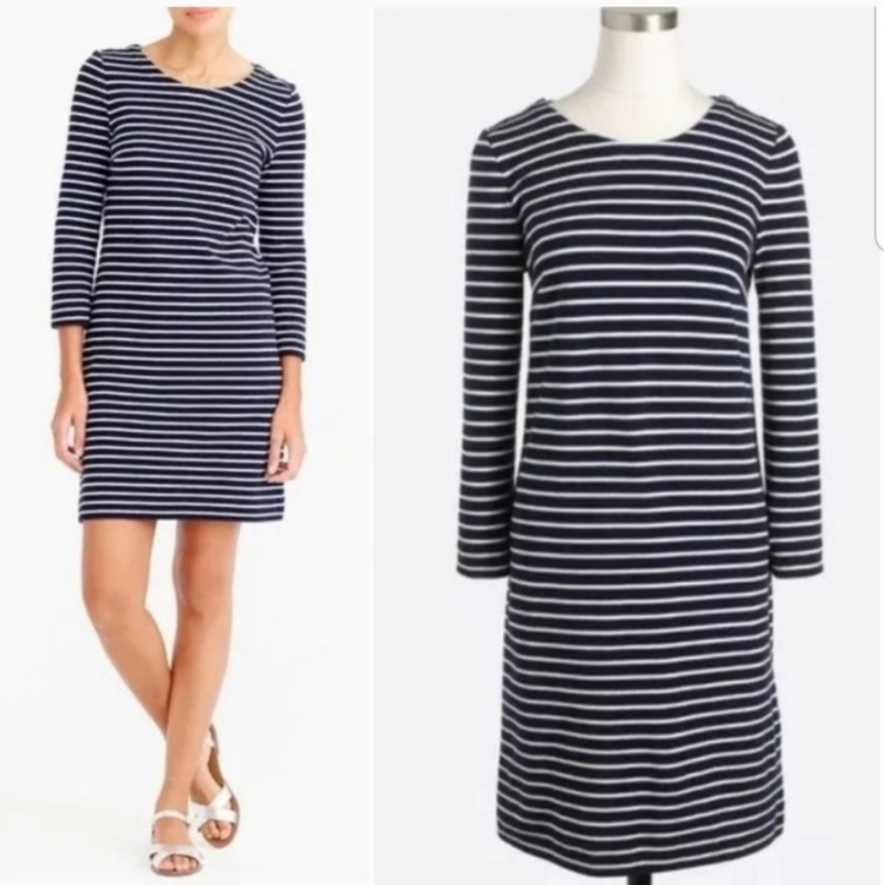 J. CREW Maritime Striped Nautical Blue White 3/4 Sleeve Dress Size XXSmall